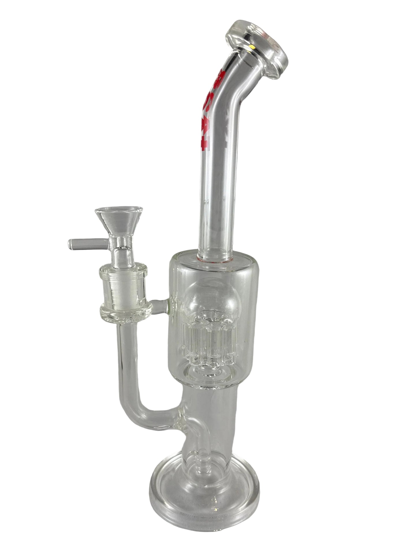 Clear glass smoking device on a gray background