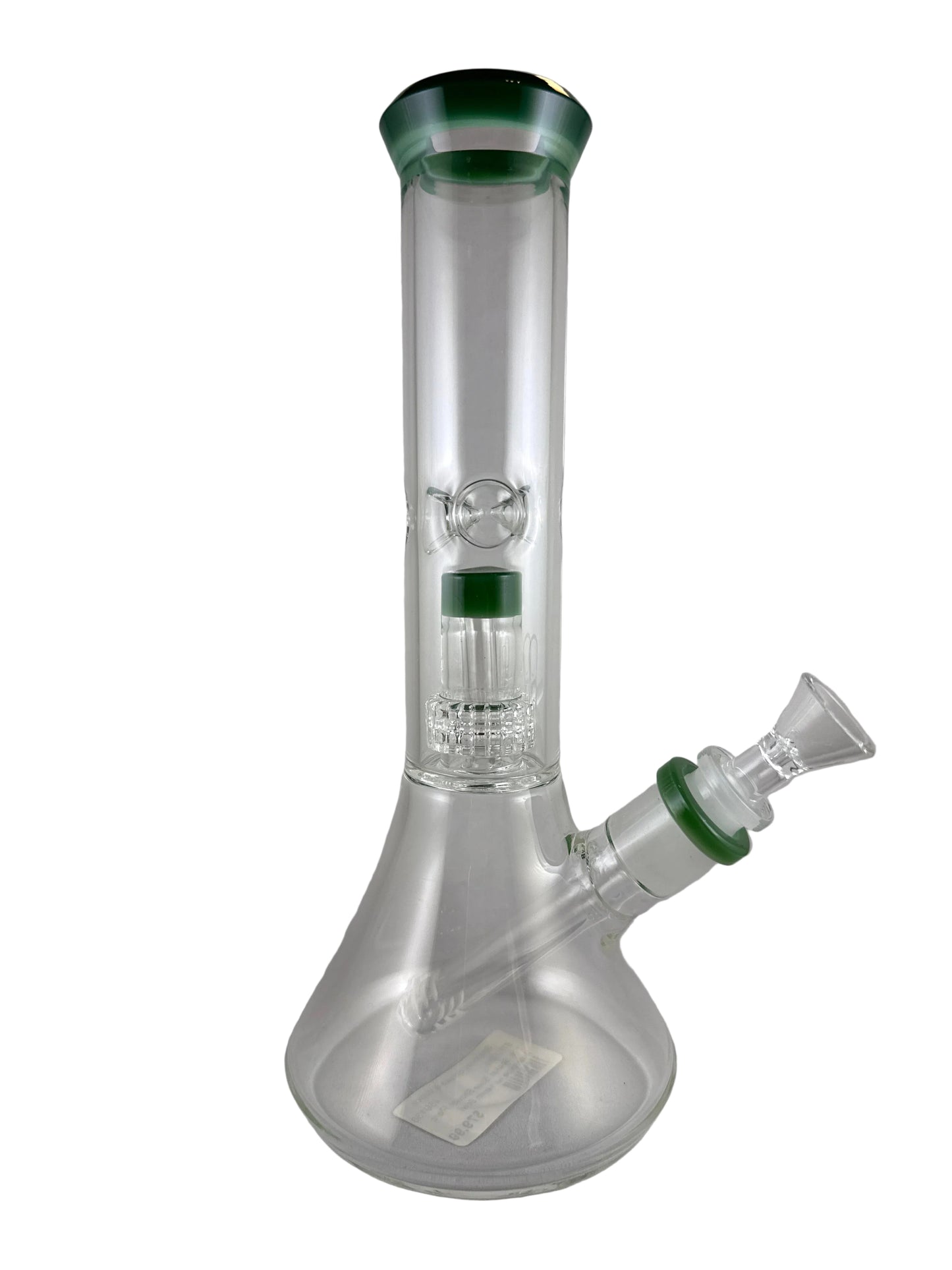 Clear glass smoking device with green accents on a gray background