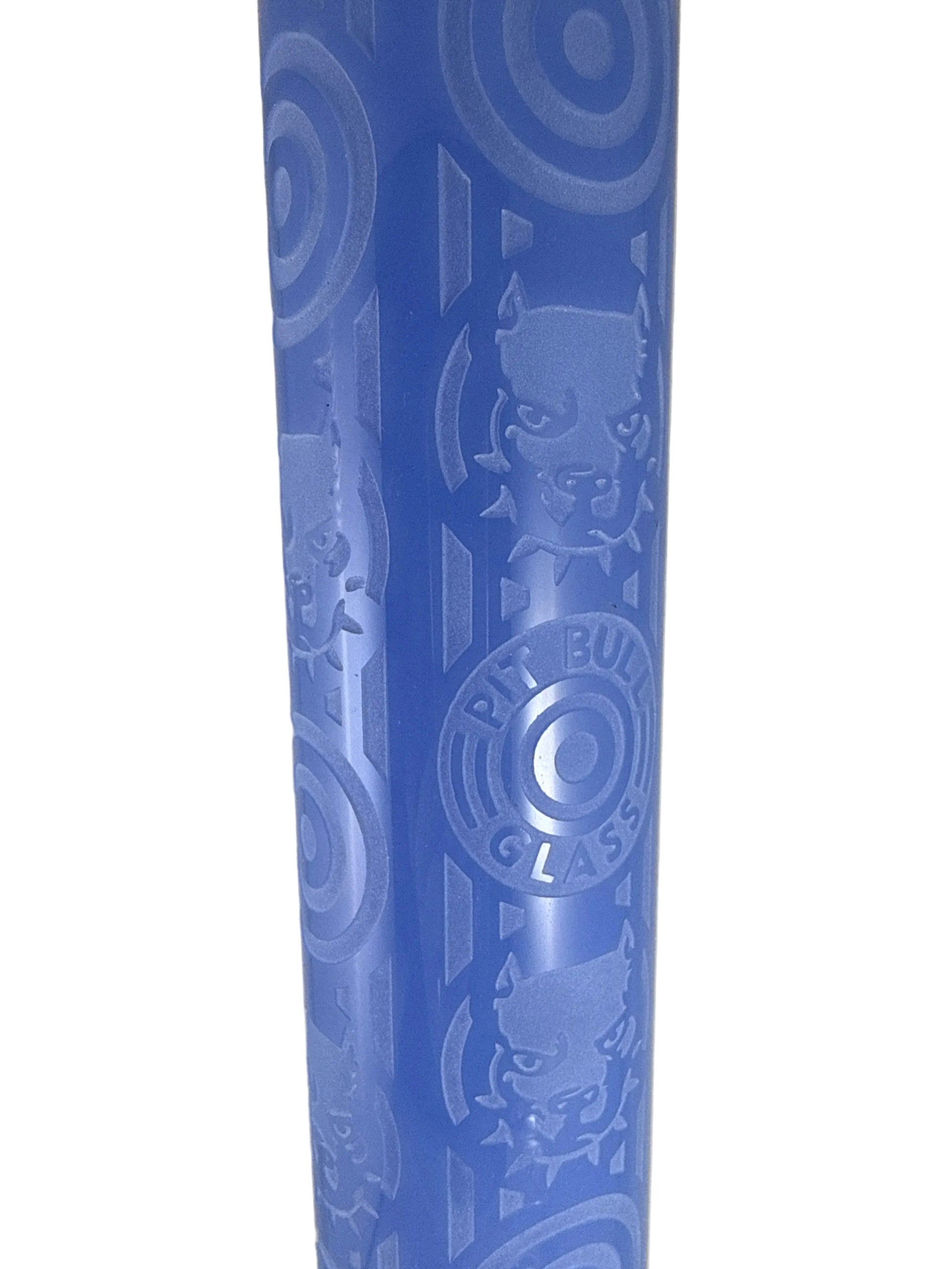 Blue cylindrical object with circular patterns on a light gray background