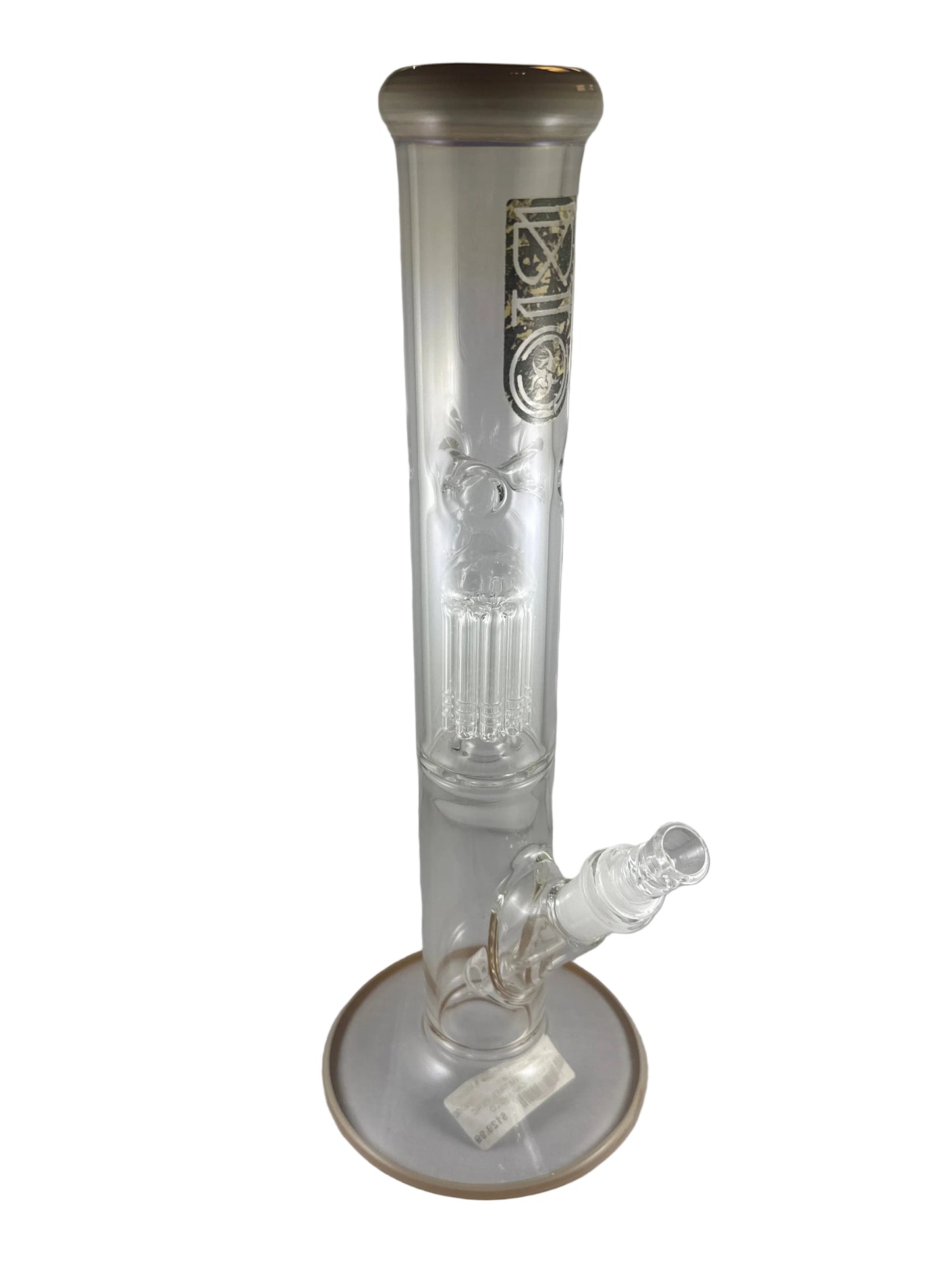 Glass water pipe with intricate designs on a white background