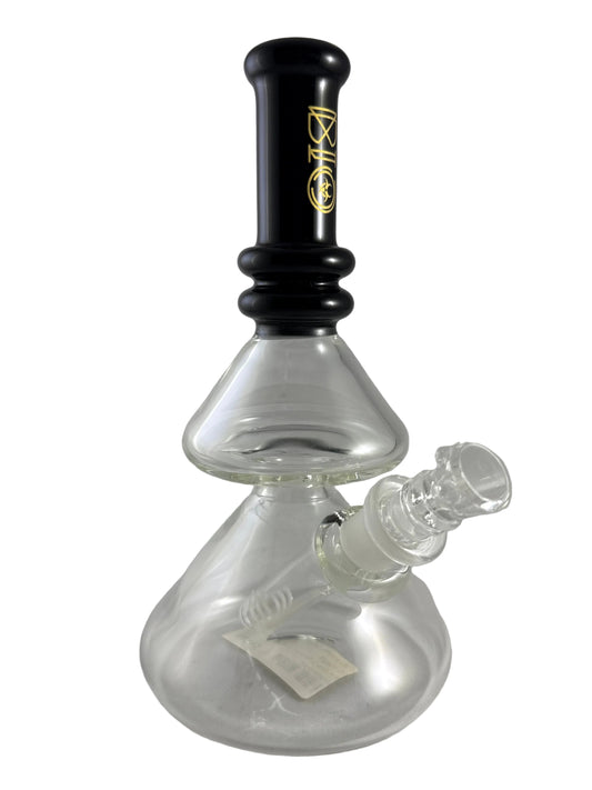 Glass smoking device with black handle on a white background