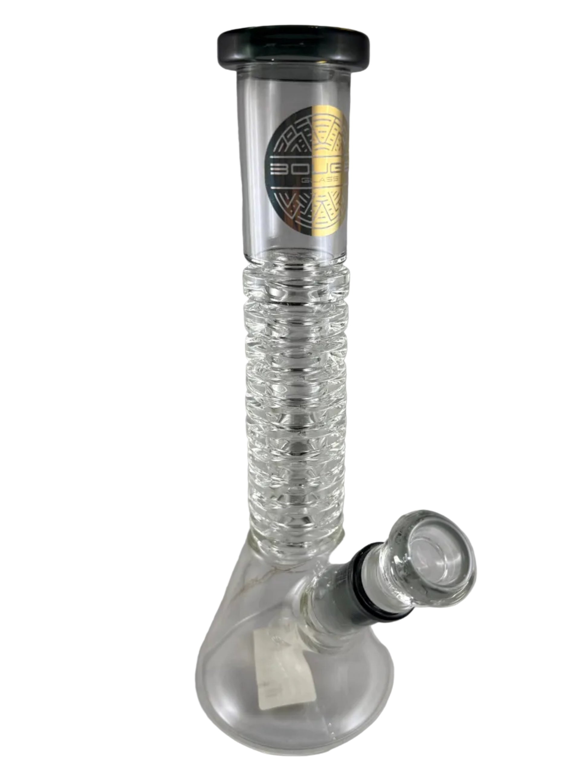 Glass water pipe with a black and gold label on a gray background