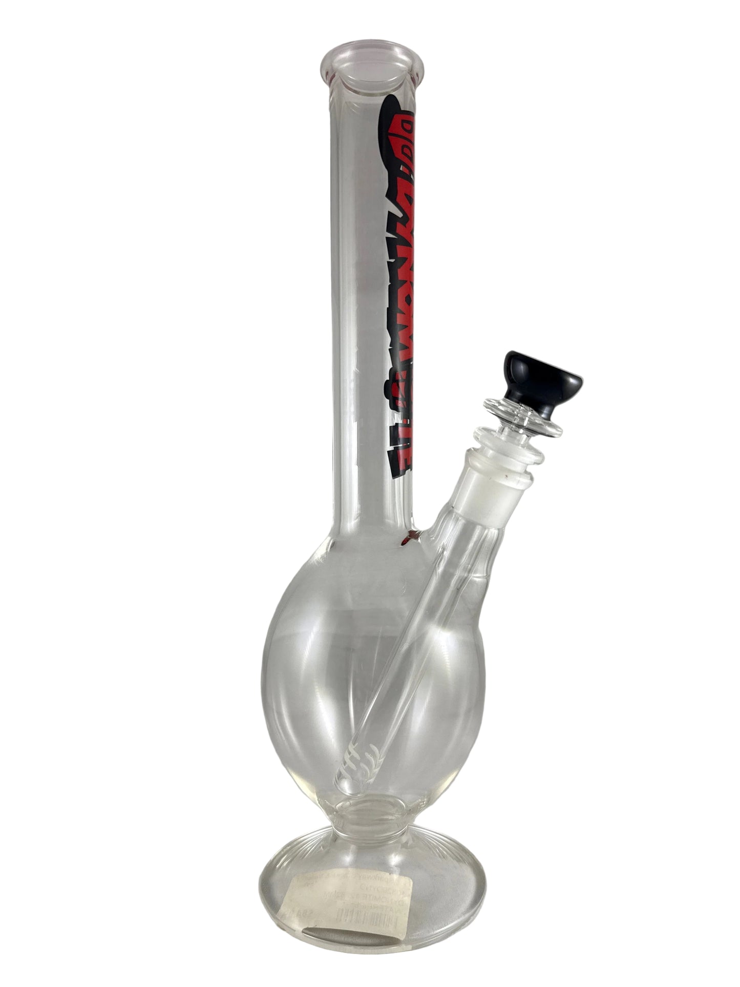 Clear glass water pipe with a black accent on a white background