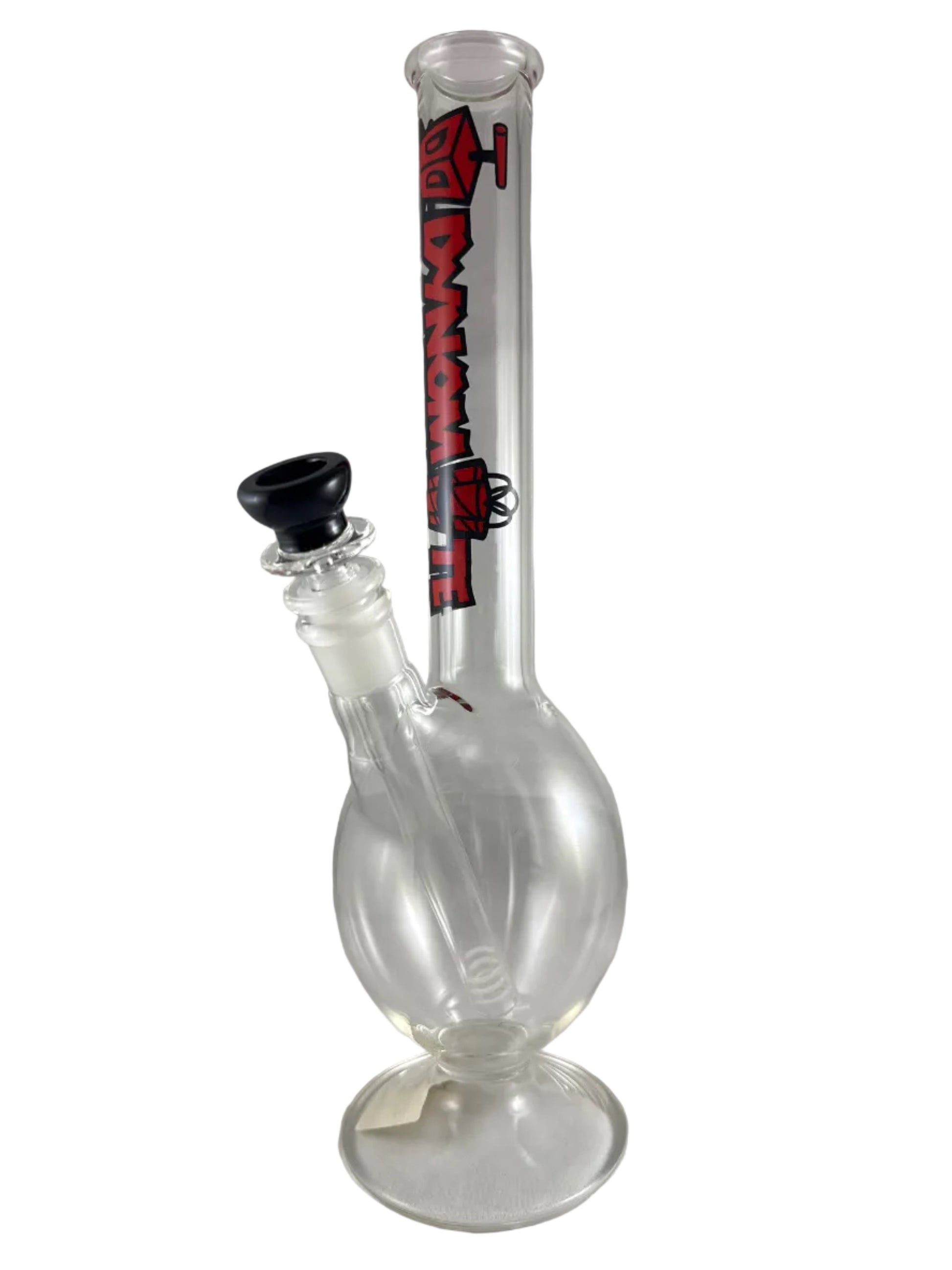 Glass smoking device with branding on a white background