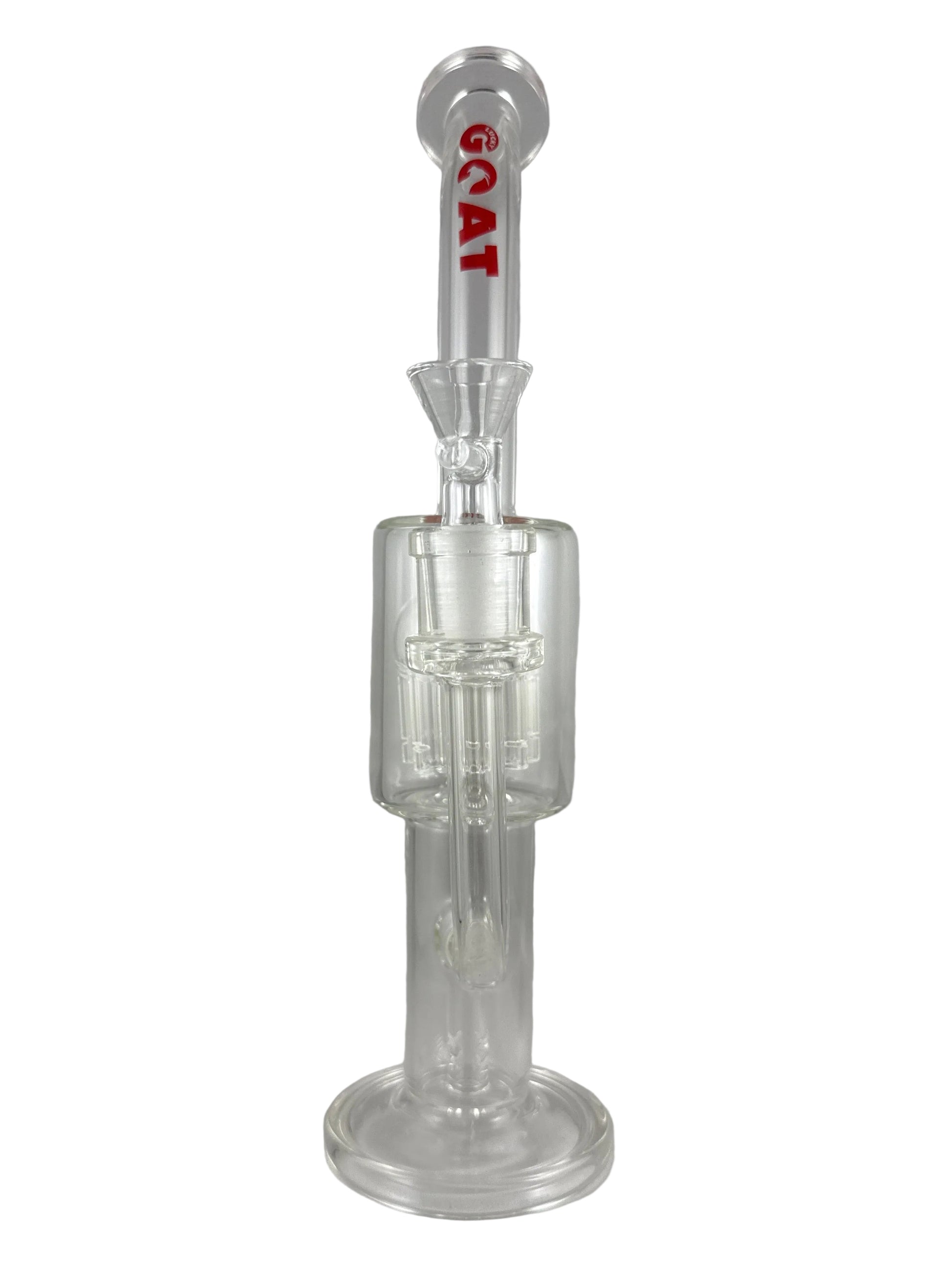 Clear glass smoking accessory with 'GOAT' branding on a white background