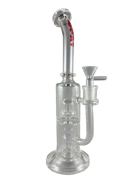 Clear glass smoking device on a gray background