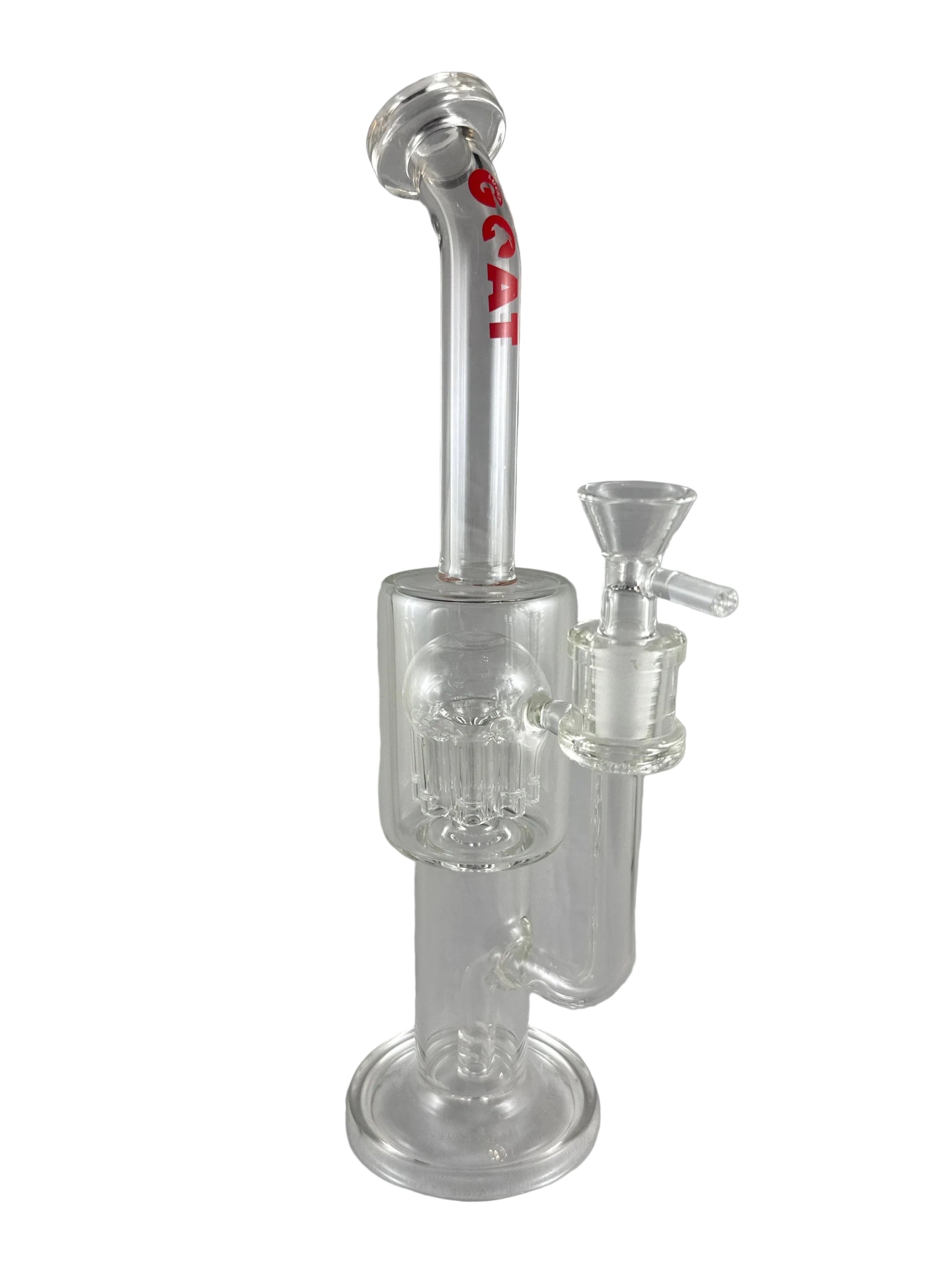 Clear glass smoking device with a red label on a gray background