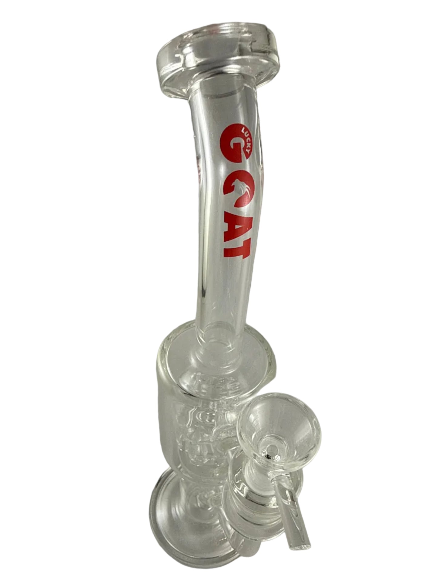 Clear glass smoking device with a red logo on a white background