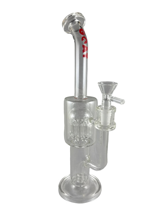 Clear glass smoking device with a red label on a gray background