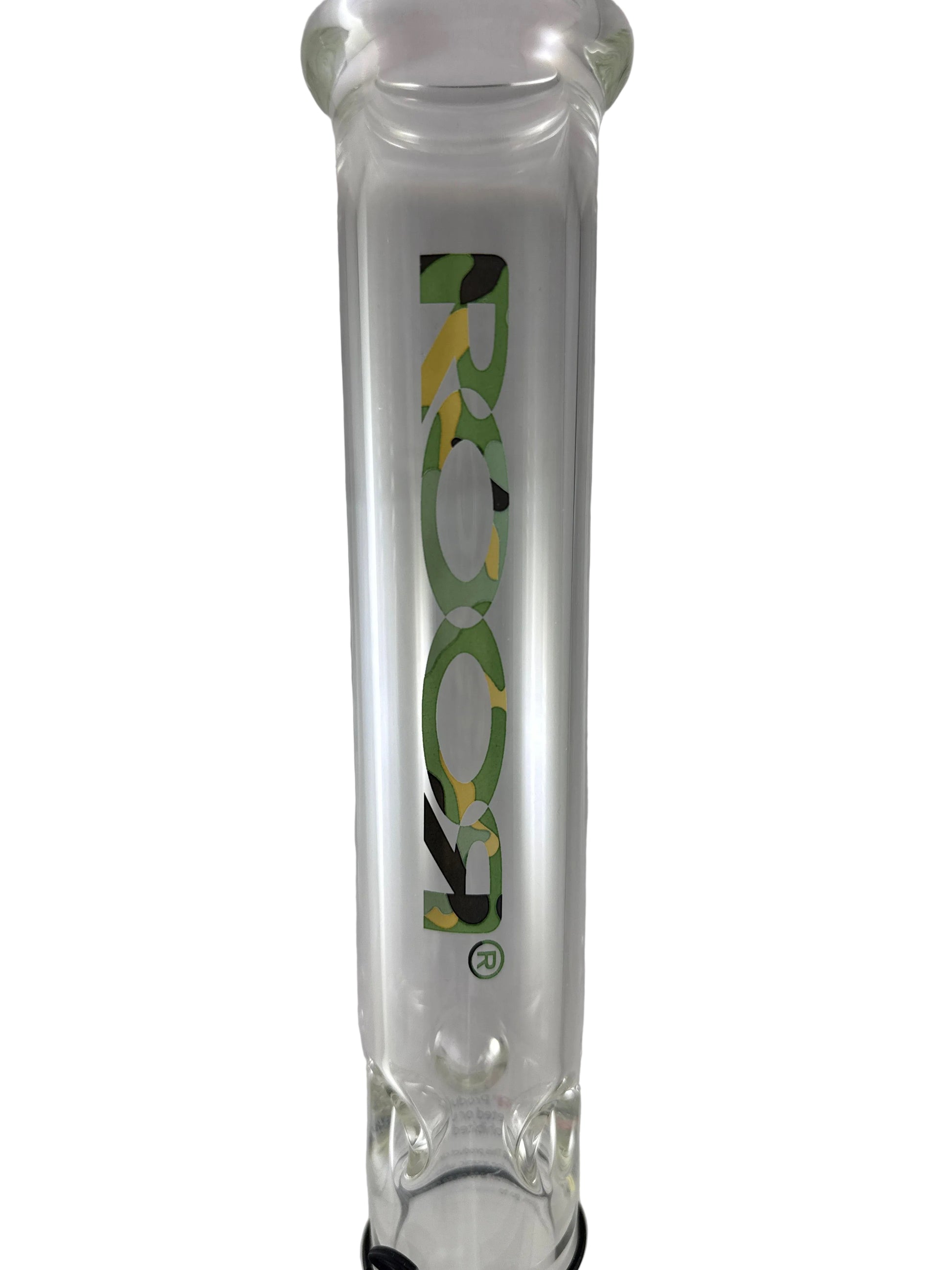 Clear glass pipe with 'ROOR' branding on a white background