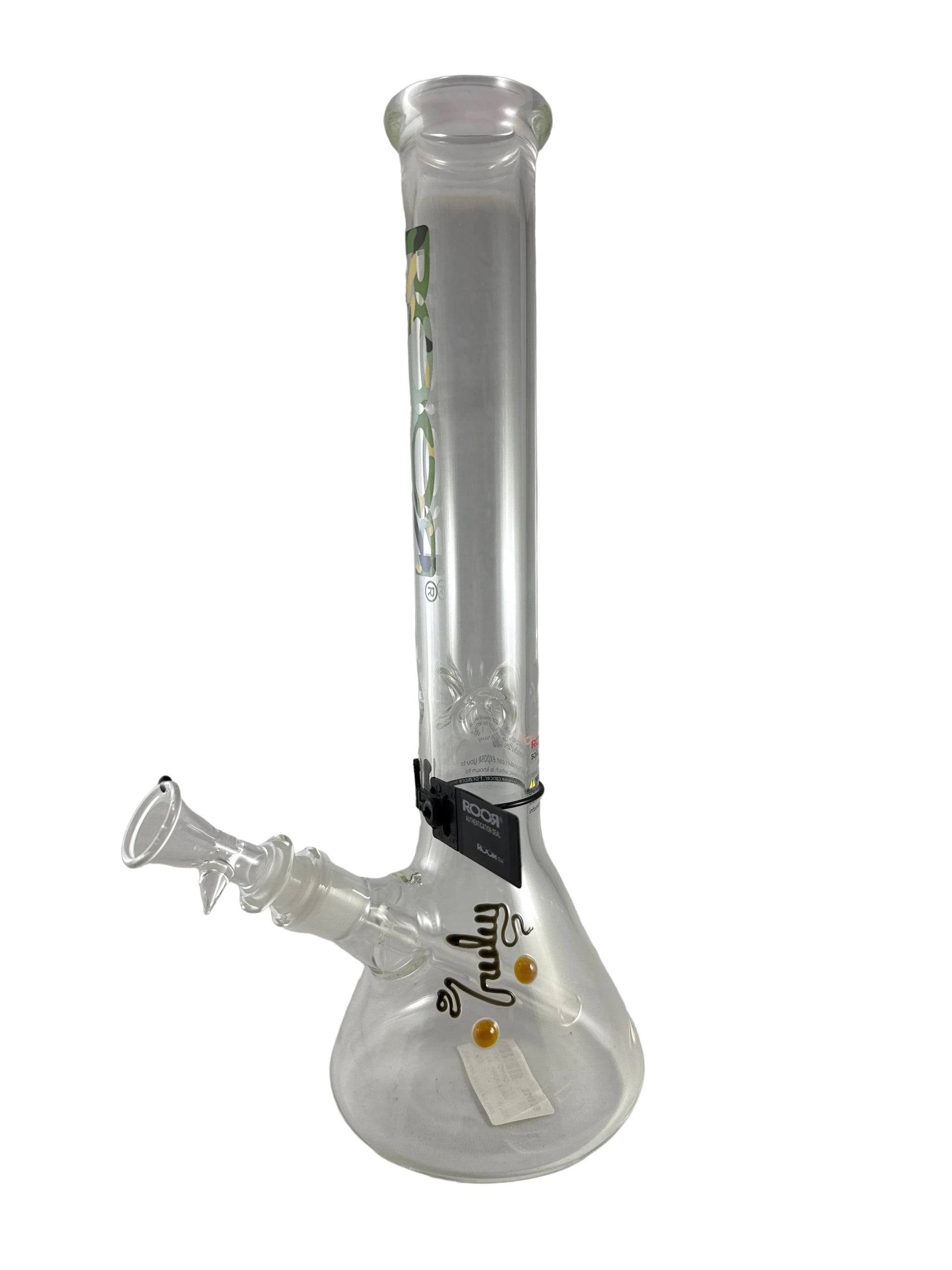Clear glass water pipe with a logo on a white background