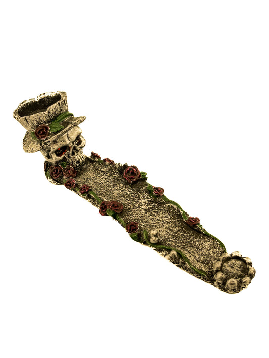 SKULL WITH ROSES BOAT INCENSE BURNER